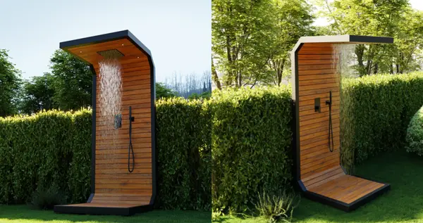 Modern freestanding outdoor shower made of wooden boards, with a black frame and an overhead shower.